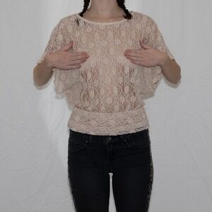 Y2k cream lace blouse cinched waist wide sleeves size medium pretty good